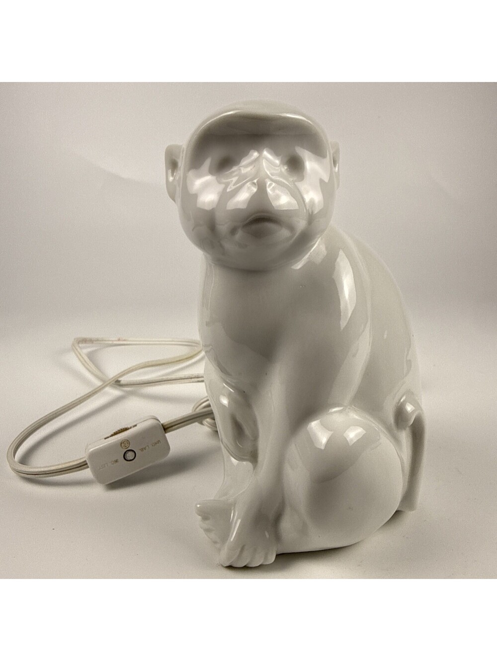 Sarsaparilla Monkey Lamp White Ceramic Art Deco Vintage 1981 Hollywood Regency